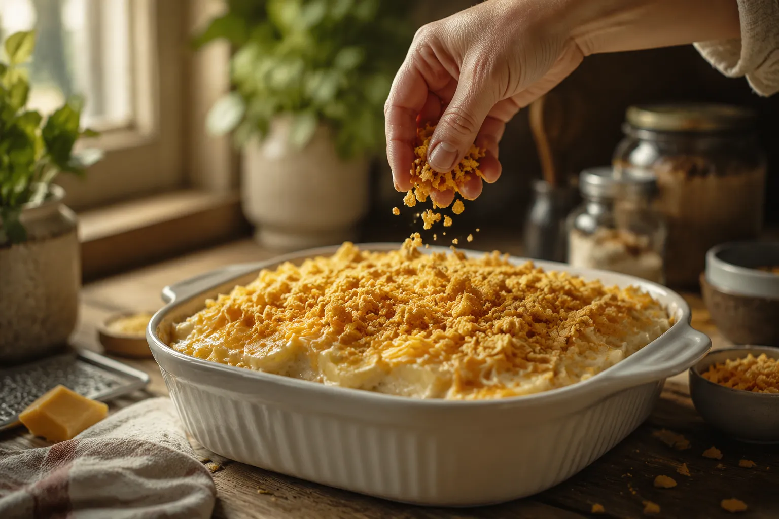 Adding crunchy cornflake topping to cheesy hash browns before baking