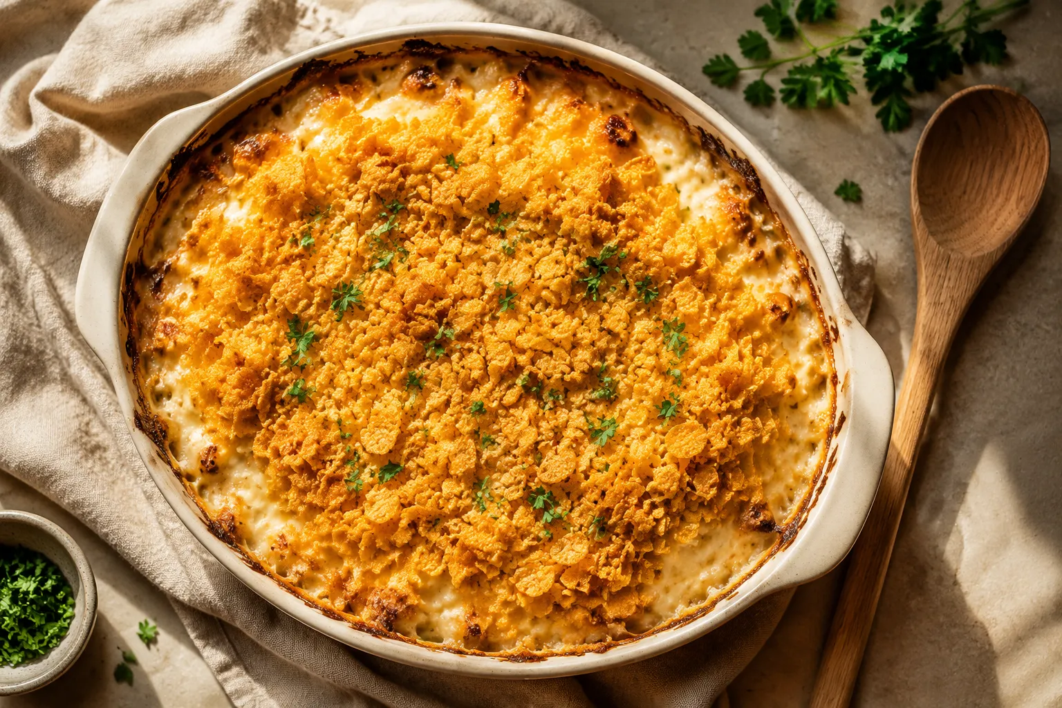 Baked cheesy potatoes recipe with golden crispy cornflake topping