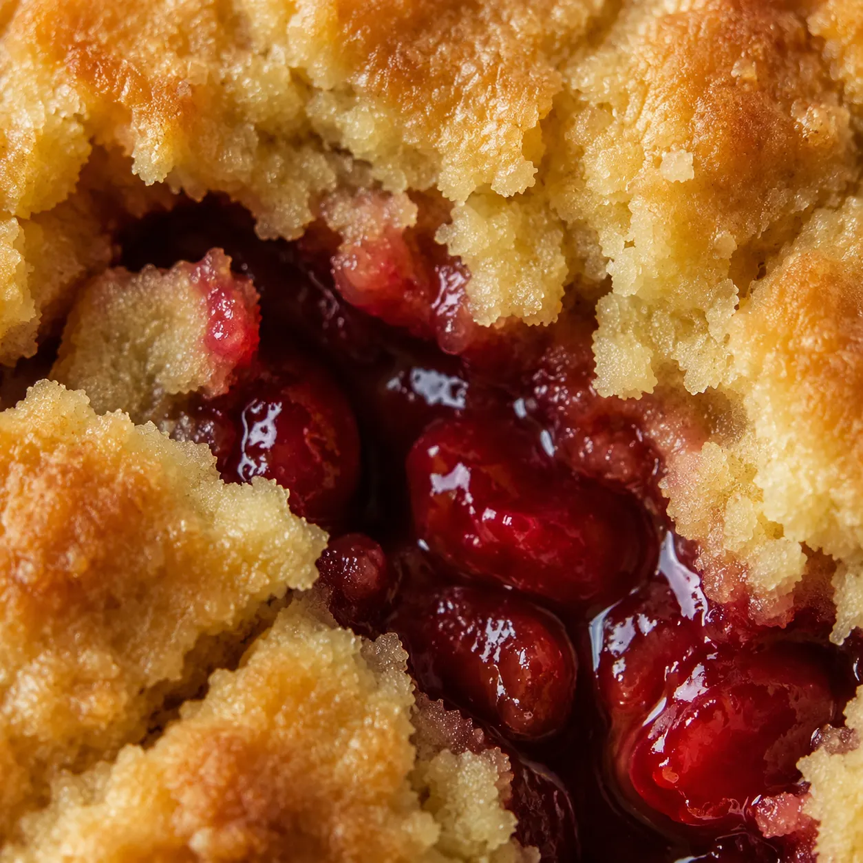 Close-up of crispy golden dump cake topping over thick cherry filling