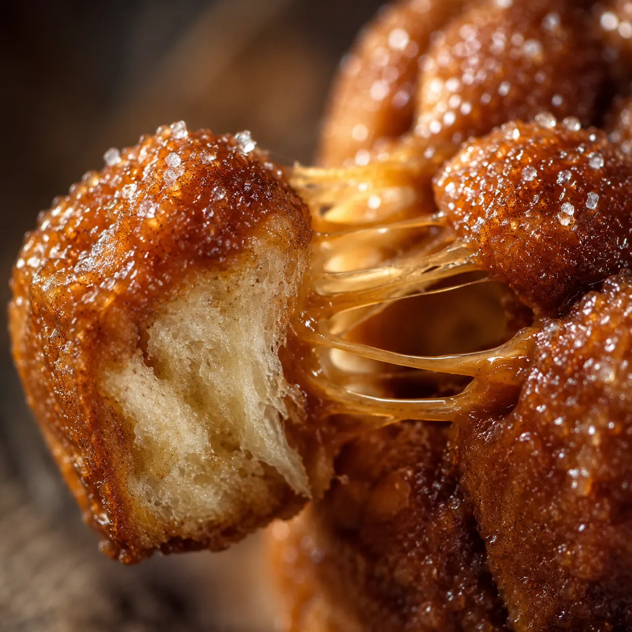 Close-up of gooey caramel pull on monkey bread piece
