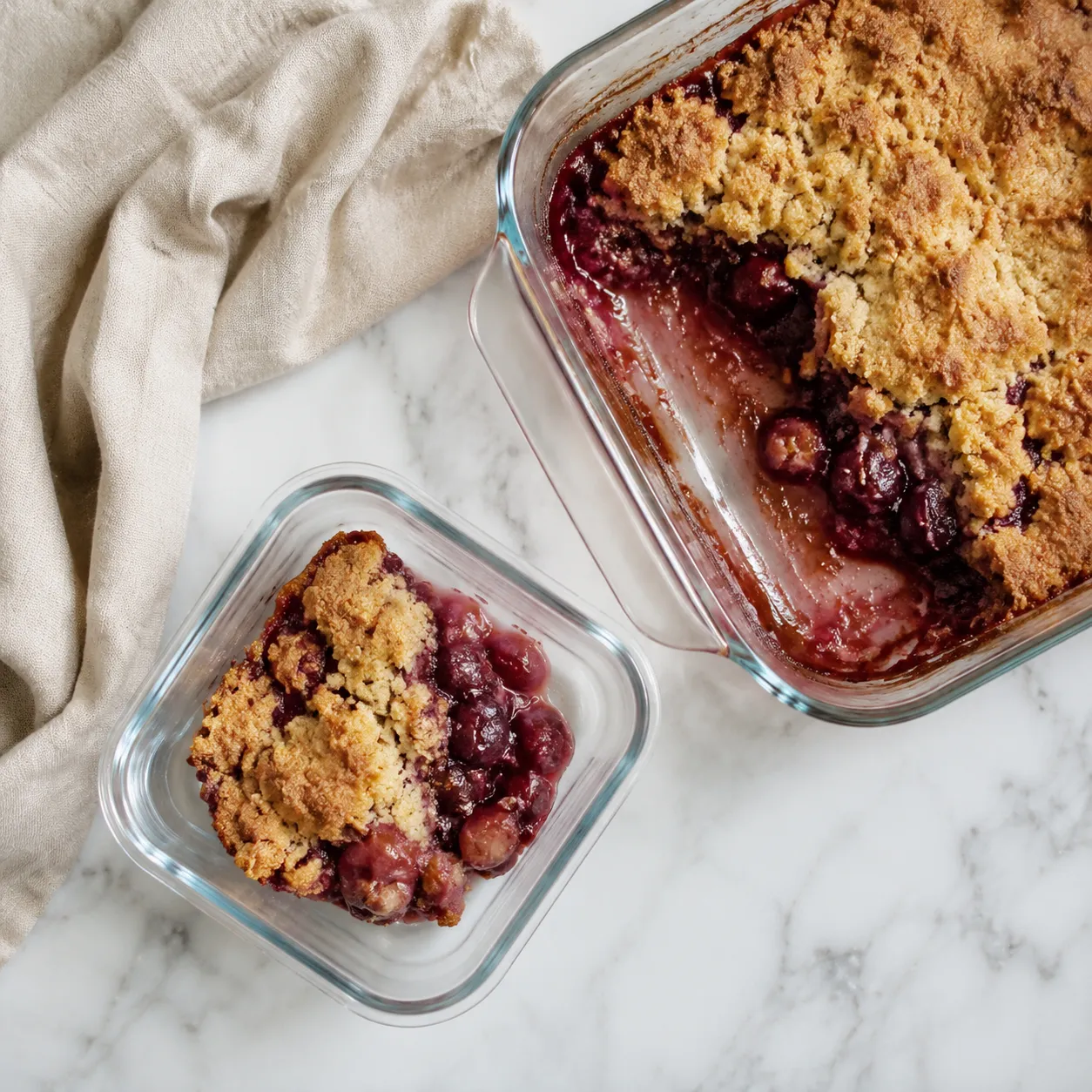 Storing leftover dump cake in a glass container for the fridge or freezer