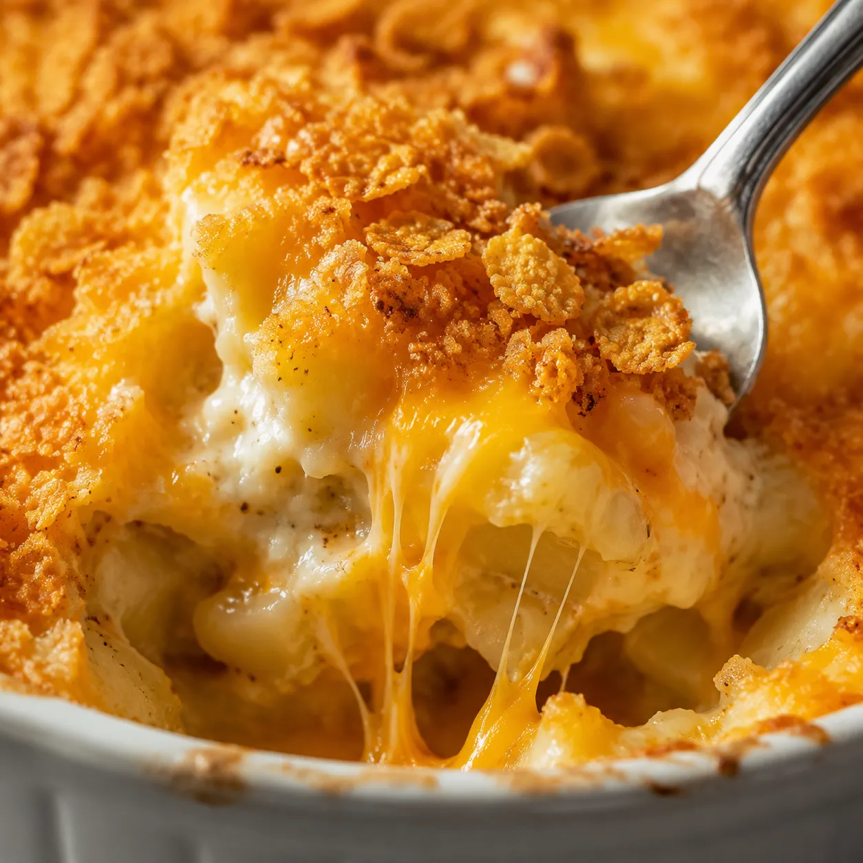 Close-up of creamy cheesy potatoes with melty cheddar and crunchy topping