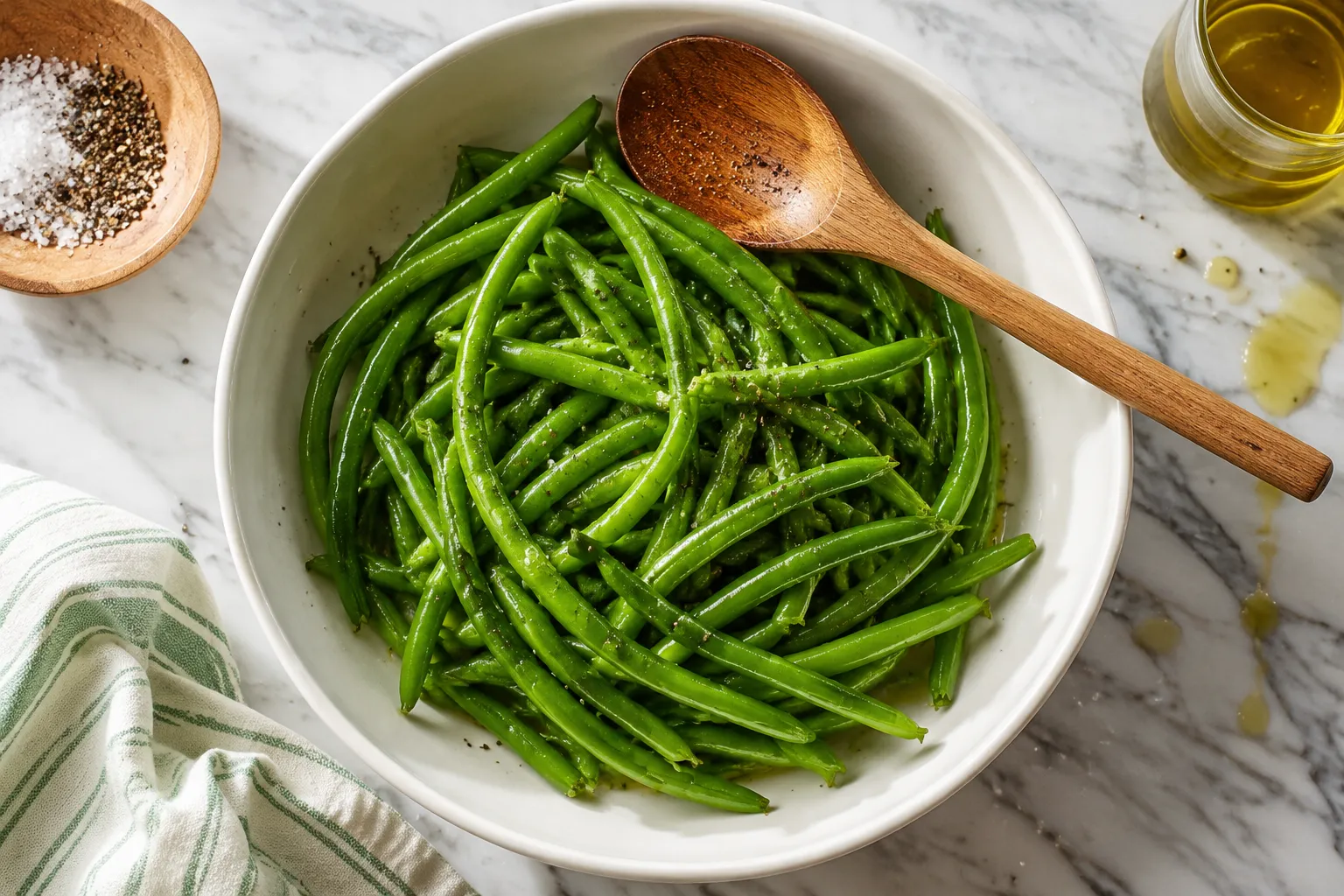 Green beans tossed with olive oil and seasoning before roasting in the oven