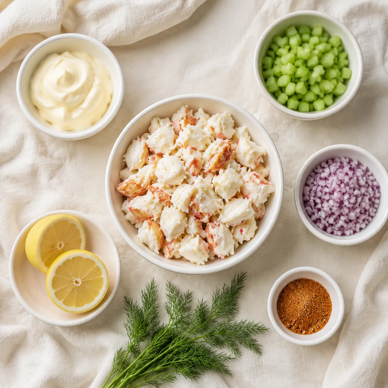 Crab salad recipe ingredients flatlay including lump crab, mayo, celery, dill and lemon