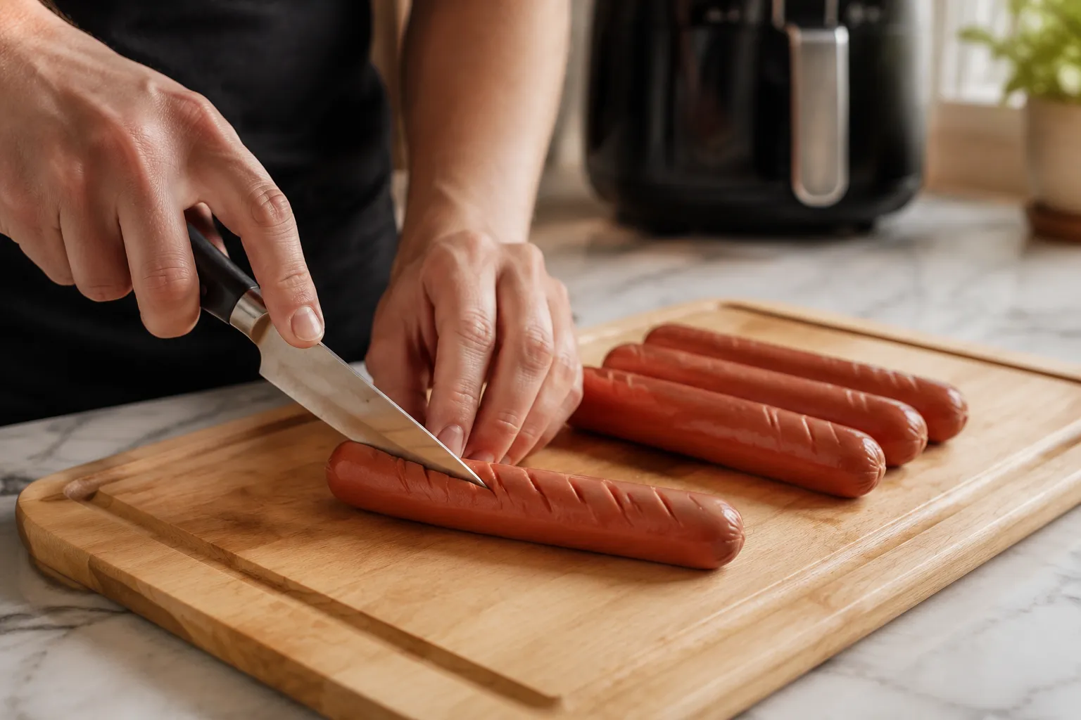 Scoring hot dogs with a knife before air frying for crispy skin