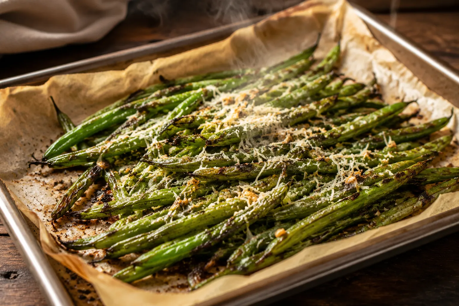 Finished roasted green beans with parmesan fresh from the oven