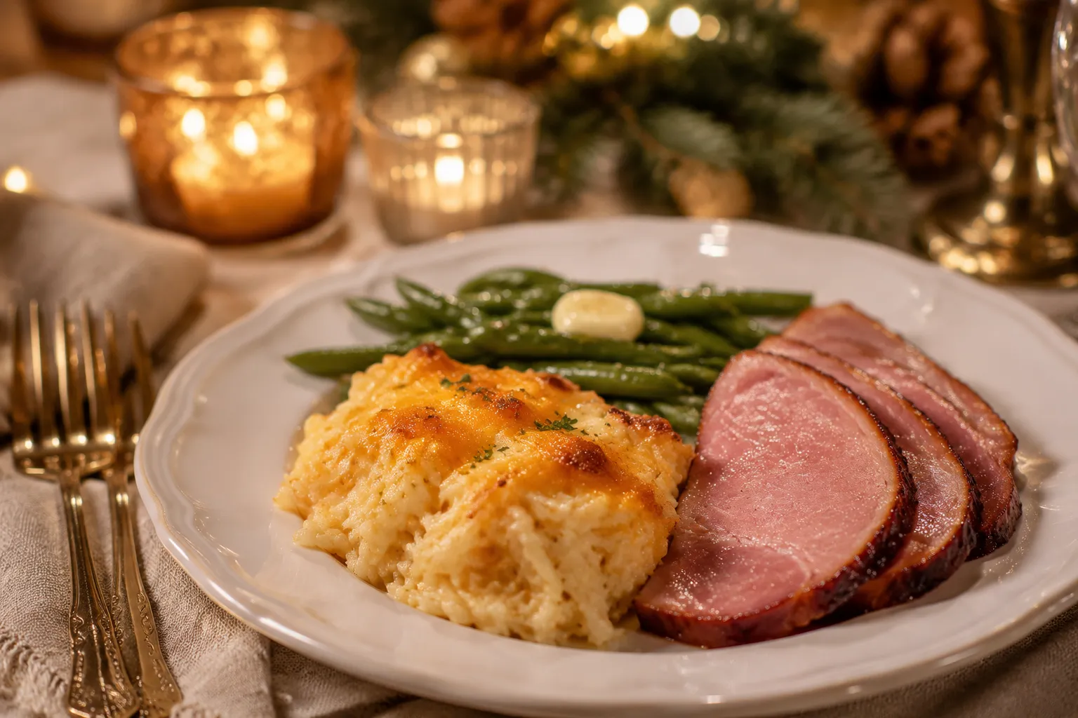 Cheesy potatoes served with ham and green beans on a holiday plate