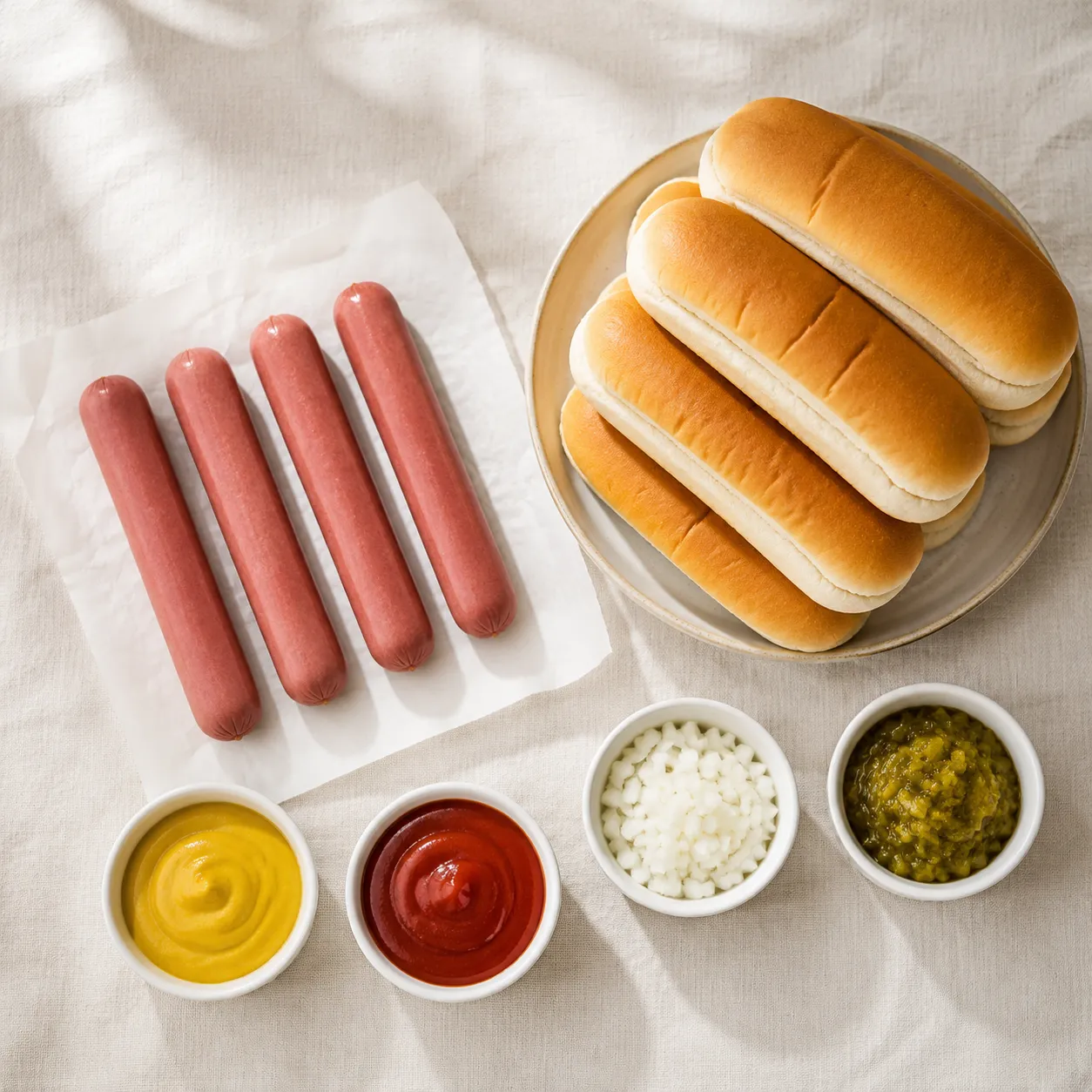 Ingredients for air fryer hot dogs flatlay with buns and toppings