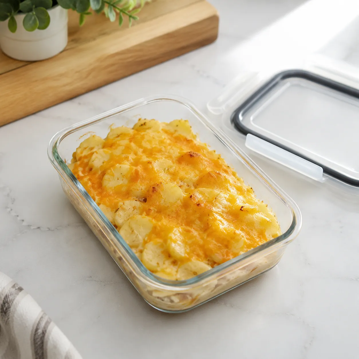 Storing leftover cheesy hash brown casserole in a glass container