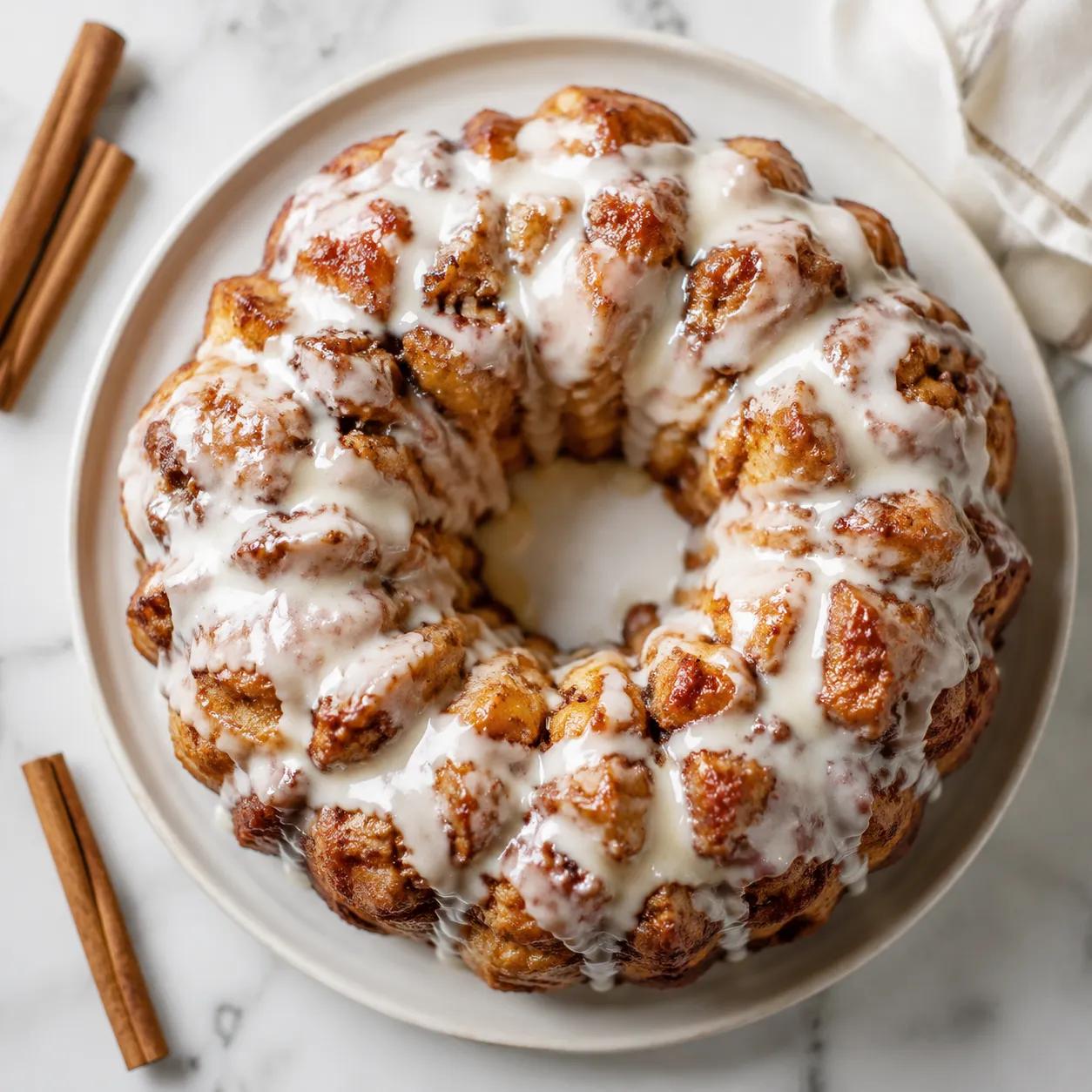 Monkey bread with cinnamon buns variation drizzled with icing