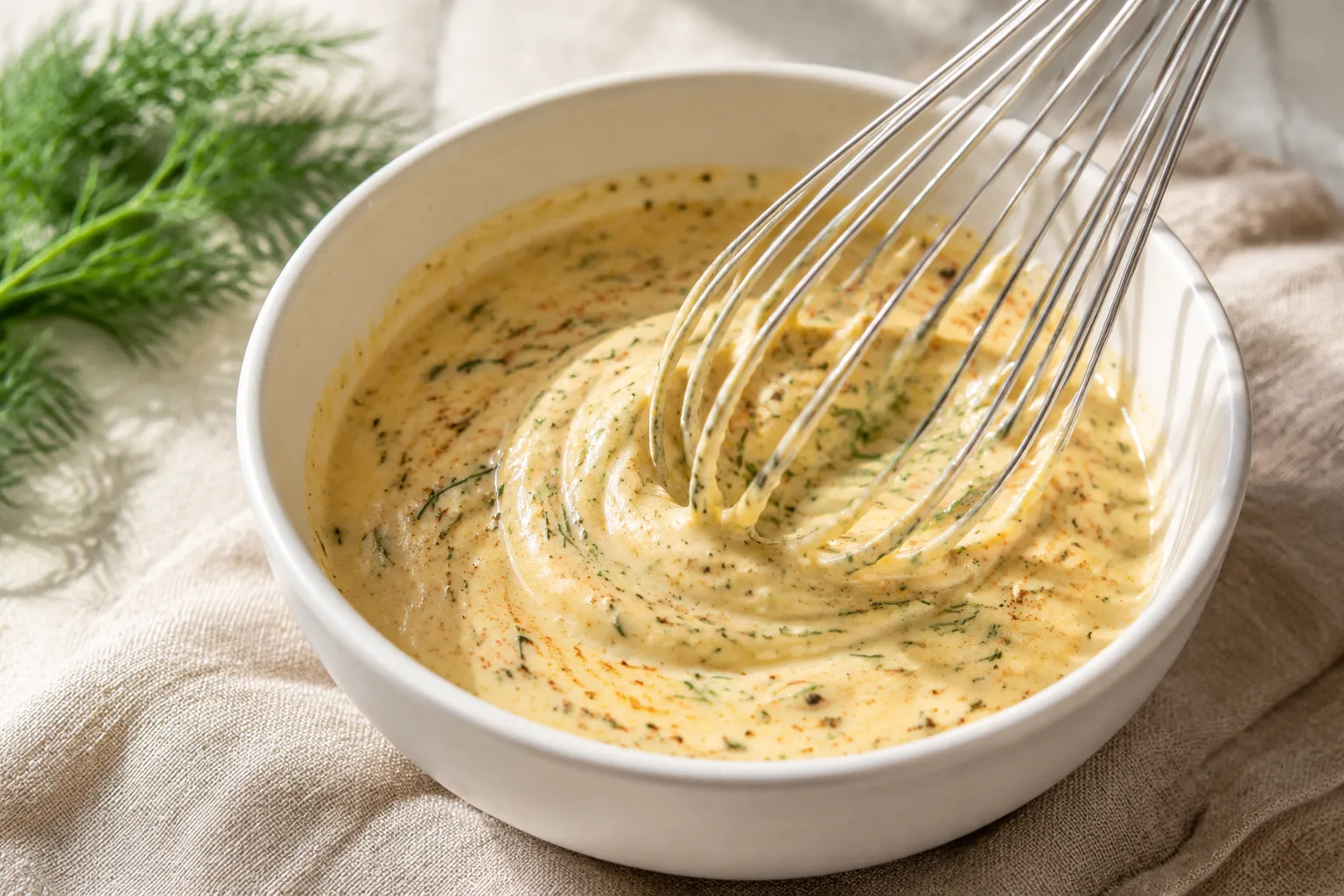 Whisking lemon mayo dressing with dill and Old Bay for crab salad