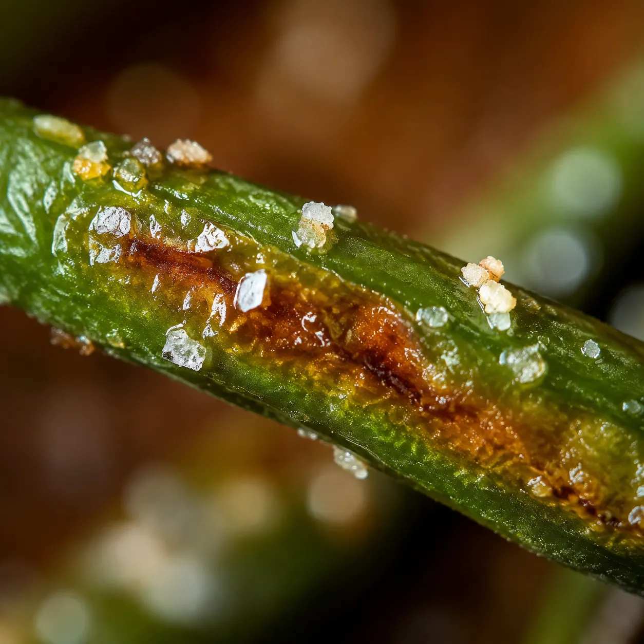 Macro close-up of a crispy blistered roasted green bean