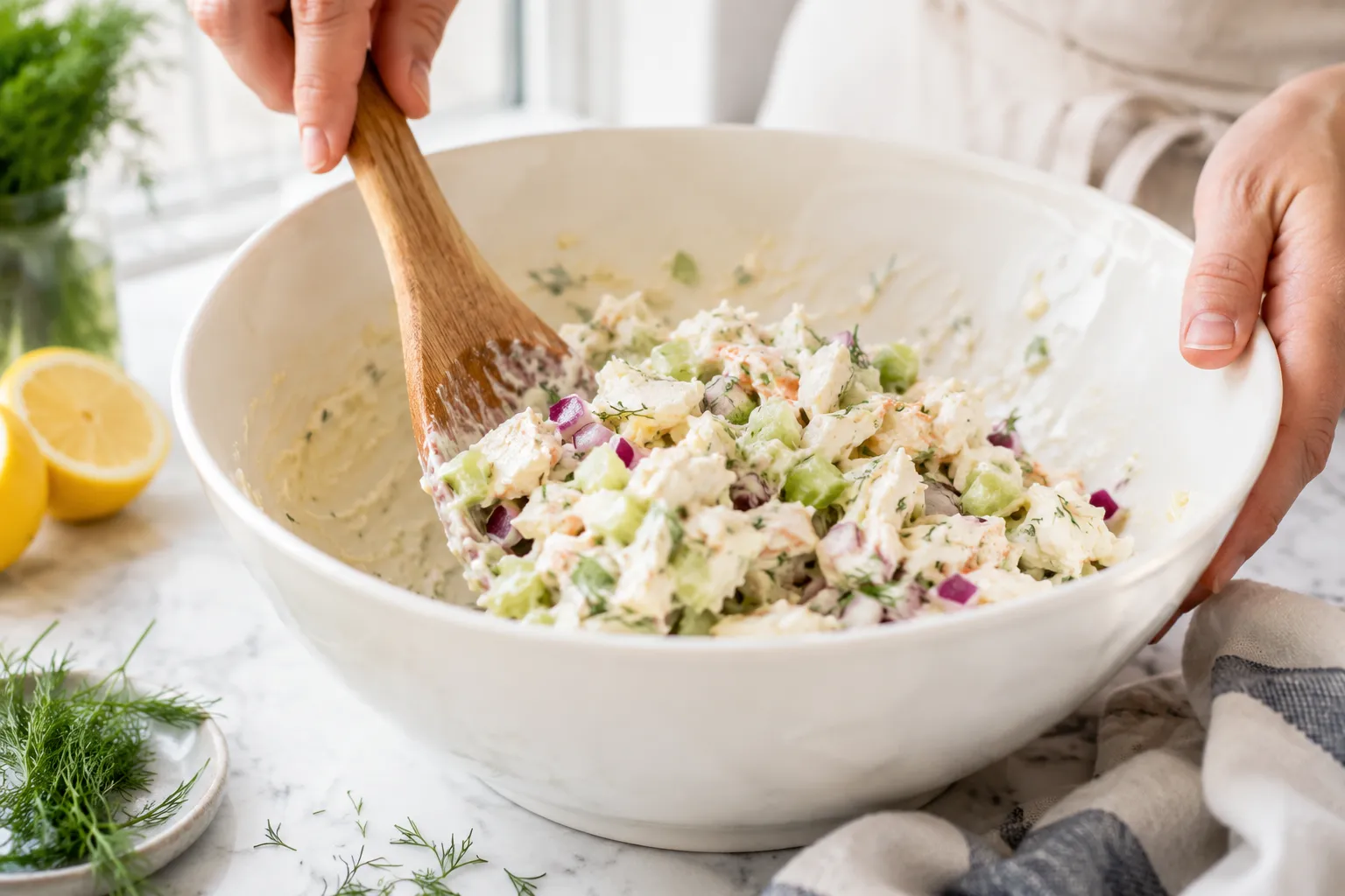 Folding crab meat into creamy dressing with celery for easy crab salad recipe