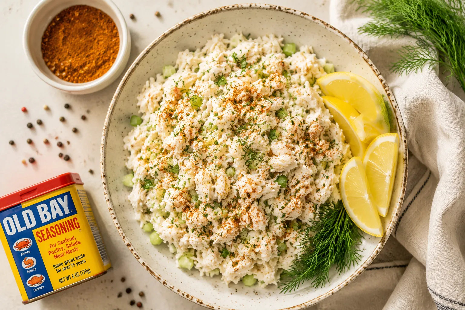 Bowl of finished creamy crab salad recipe garnished with fresh dill and lemon