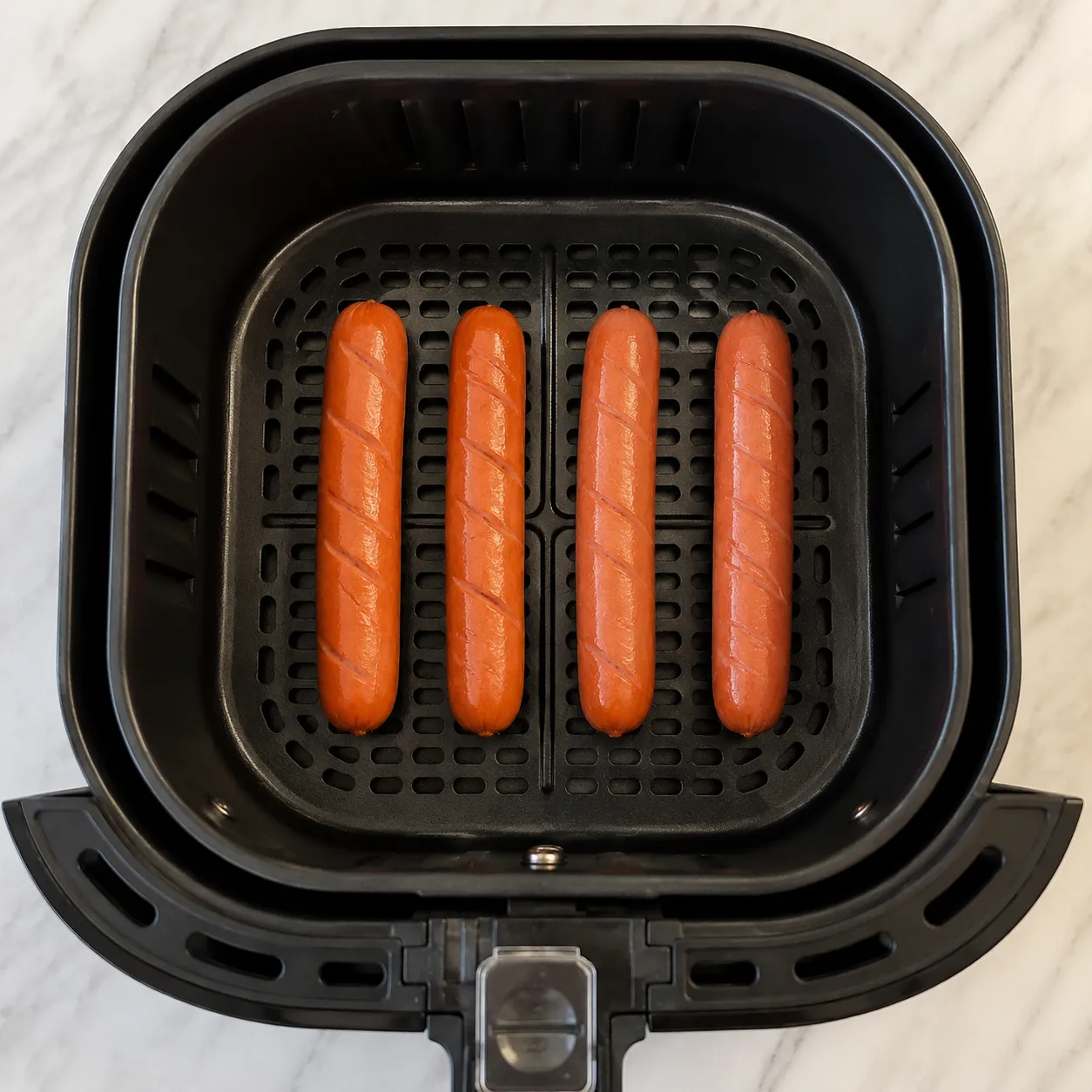 Hot dogs in air fryer basket arranged in a single layer before cooking