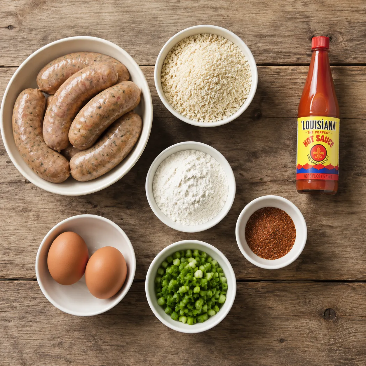 Ingredients for Cajun boudin balls including boudin sausage and panko breadcrumbs