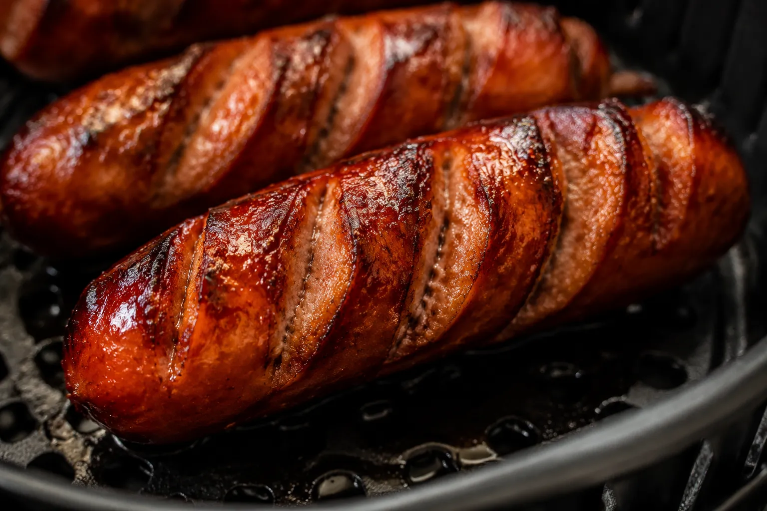 Close-up of crispy blistered air fryer hot dogs with snappy skin