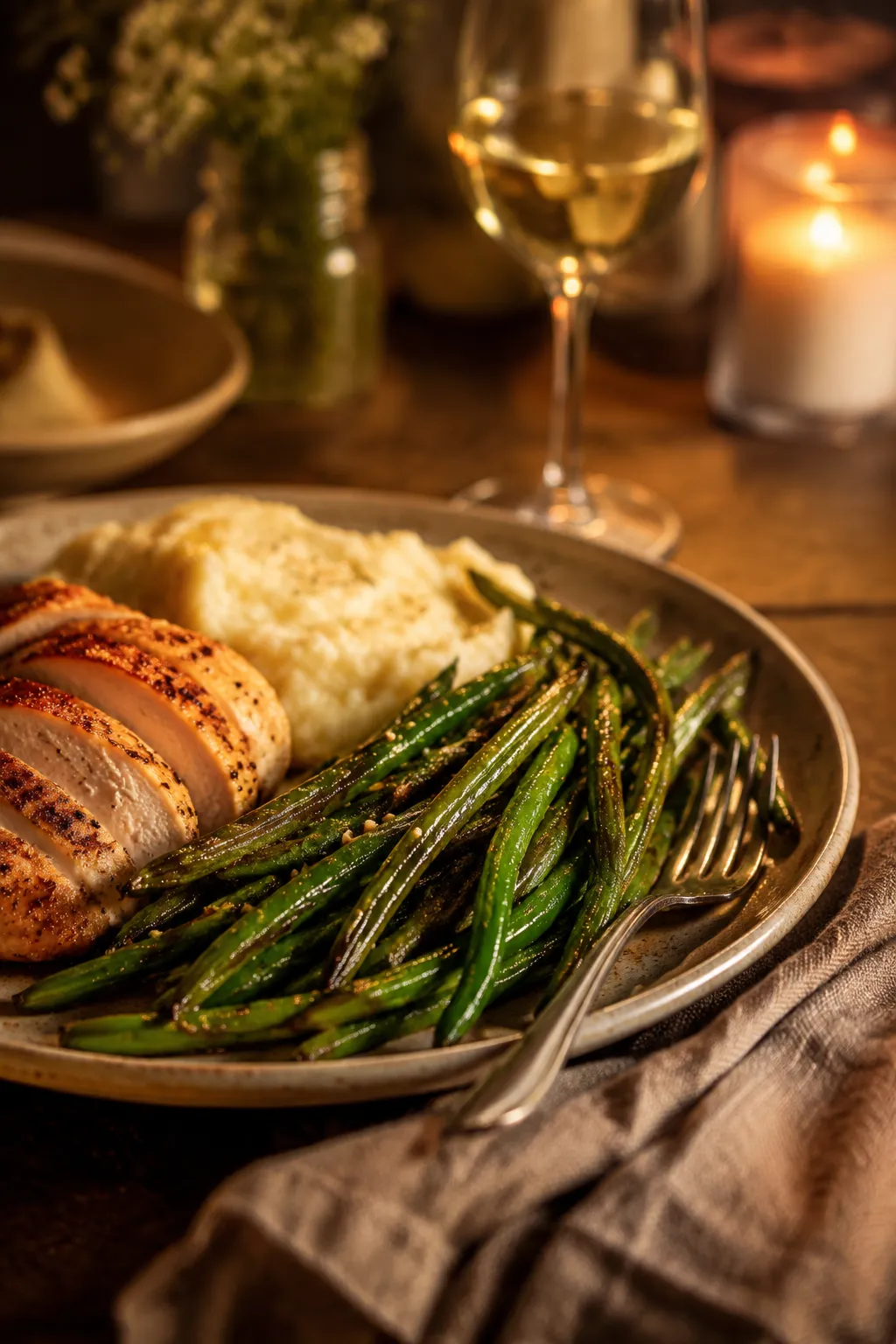 Roasted green beans served as a side with roast chicken and mashed potatoes