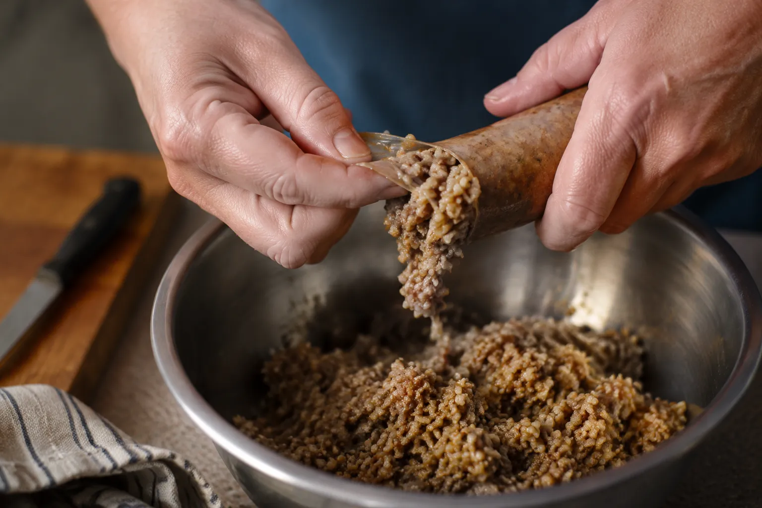 Removing Cajun boudin sausage from casing to make boudin balls