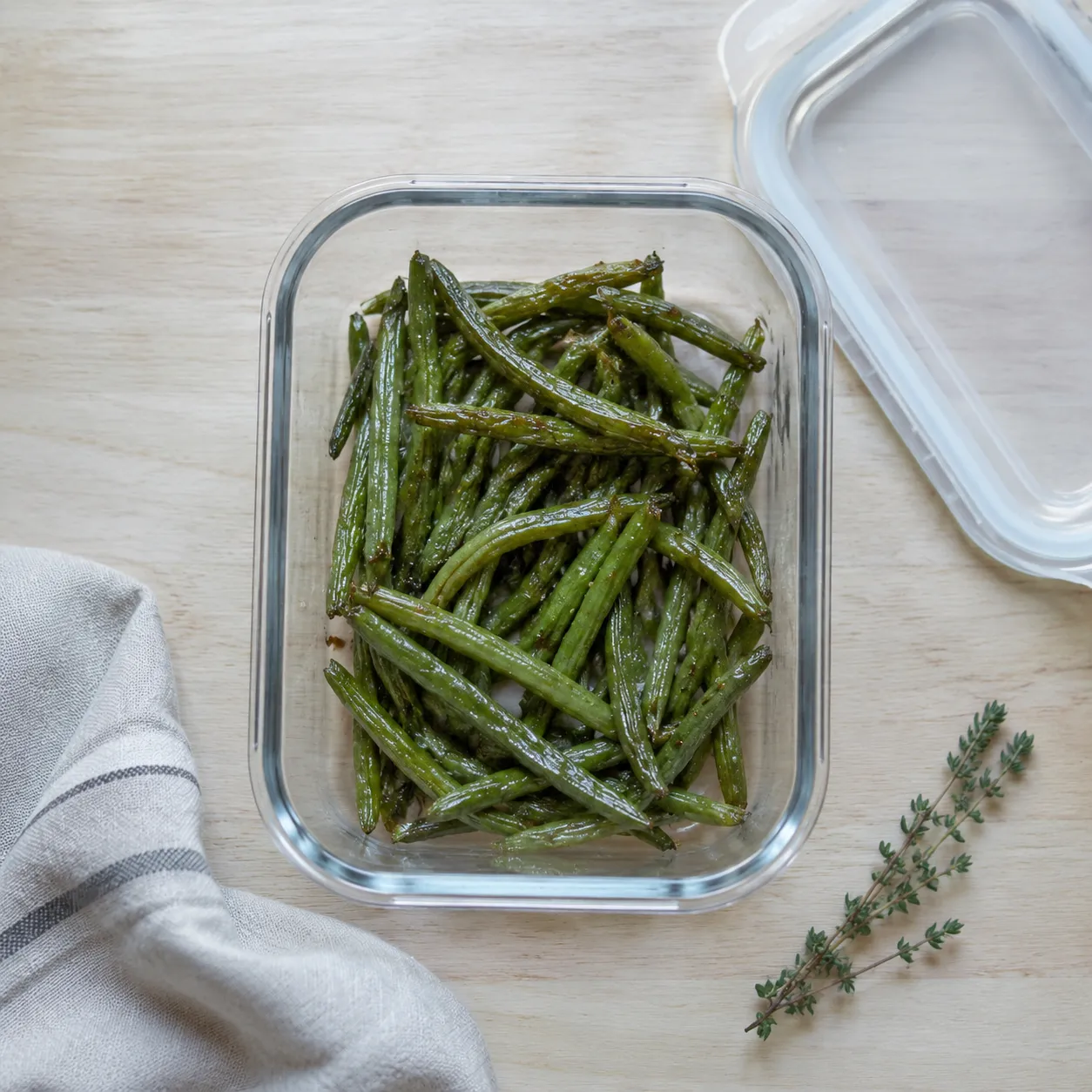 Leftover roasted green beans stored in a glass container for the fridge