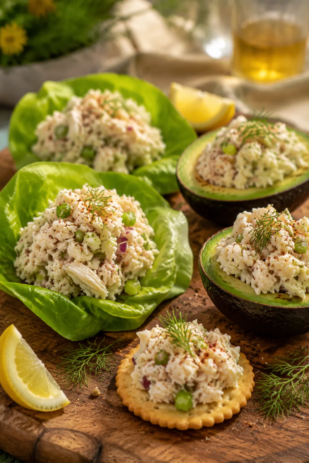 Crab salad served in lettuce cups and stuffed avocado halves on a wood board