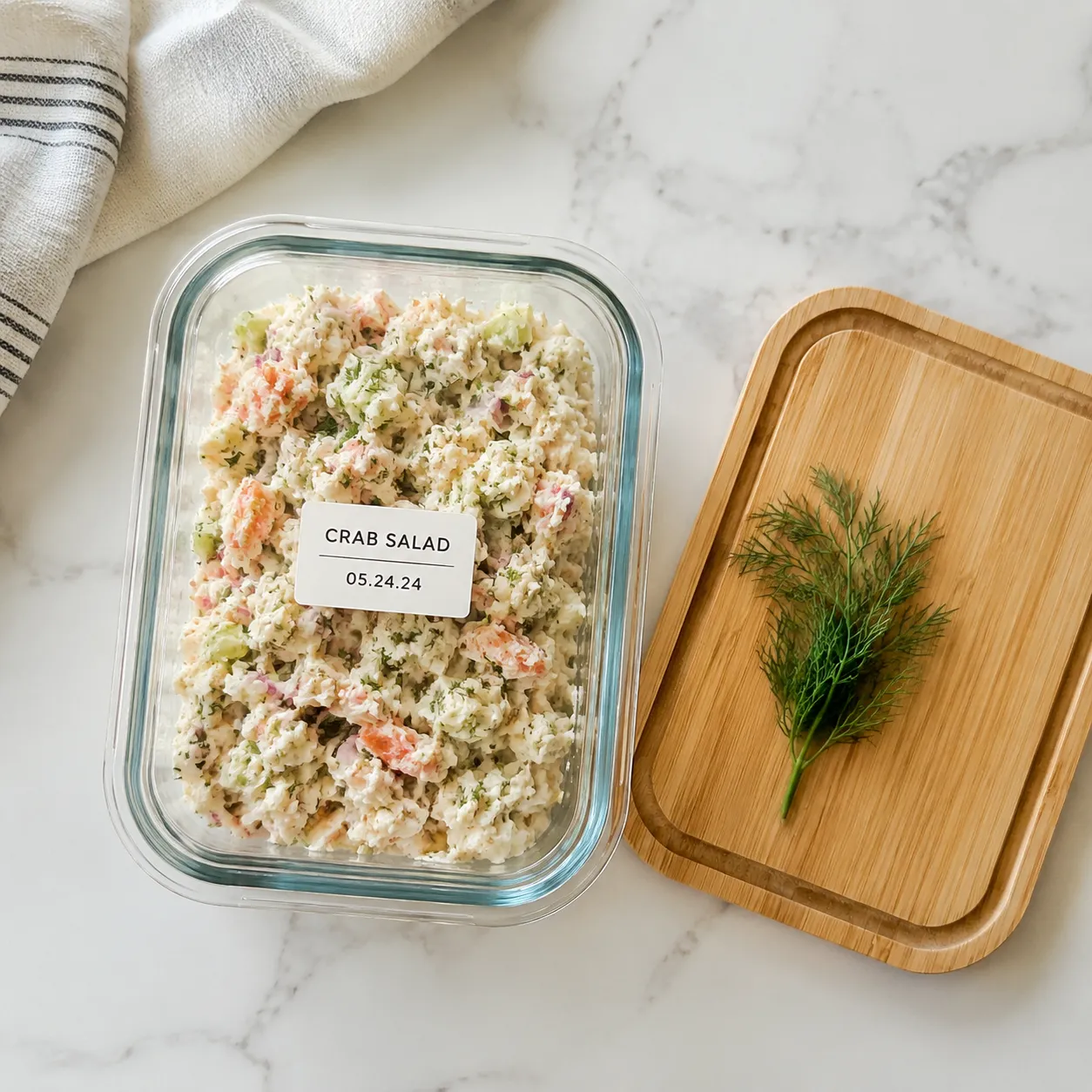 Crab salad stored in a glass container for make-ahead refrigerator storage