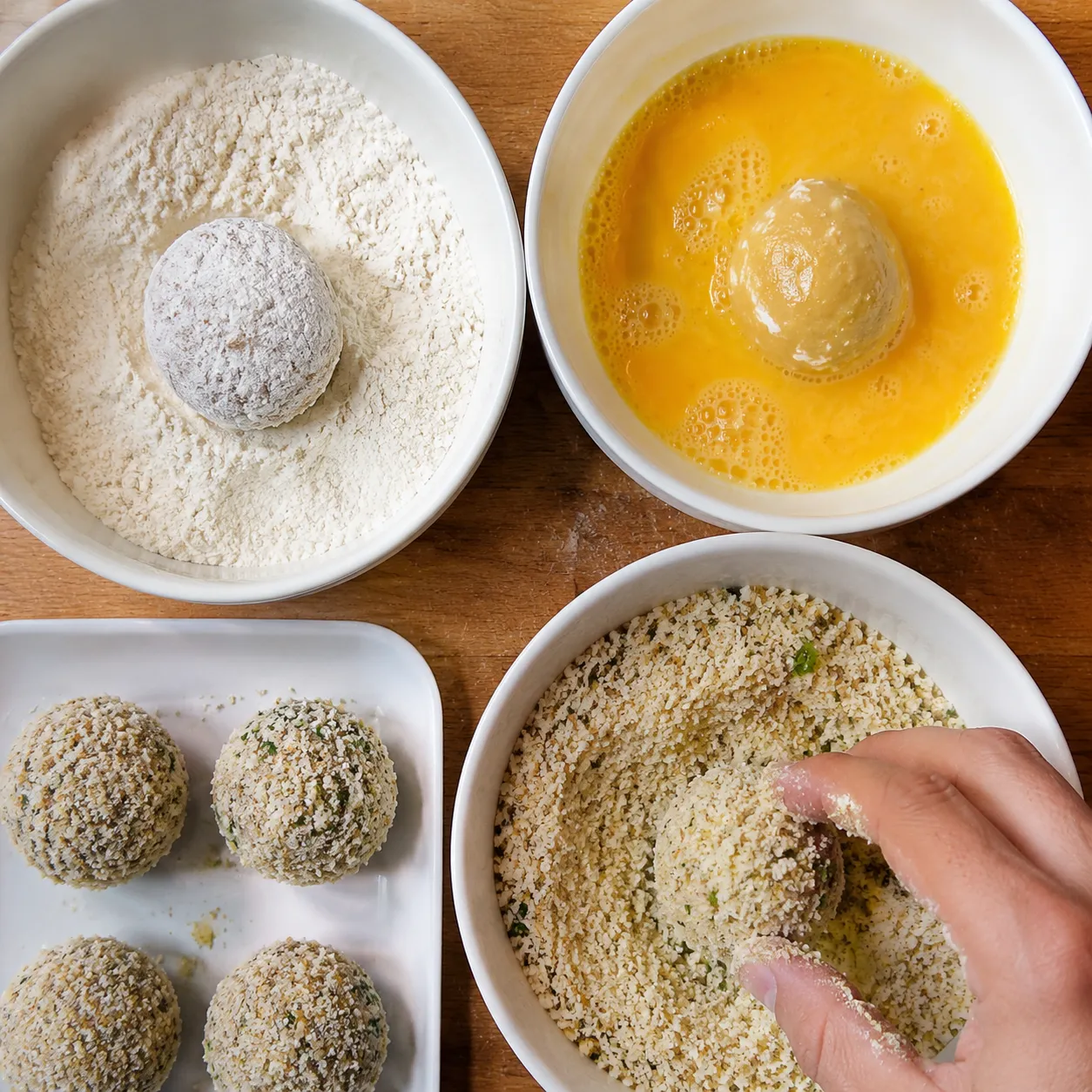 Breading boudin balls in flour, egg, and panko breadcrumbs