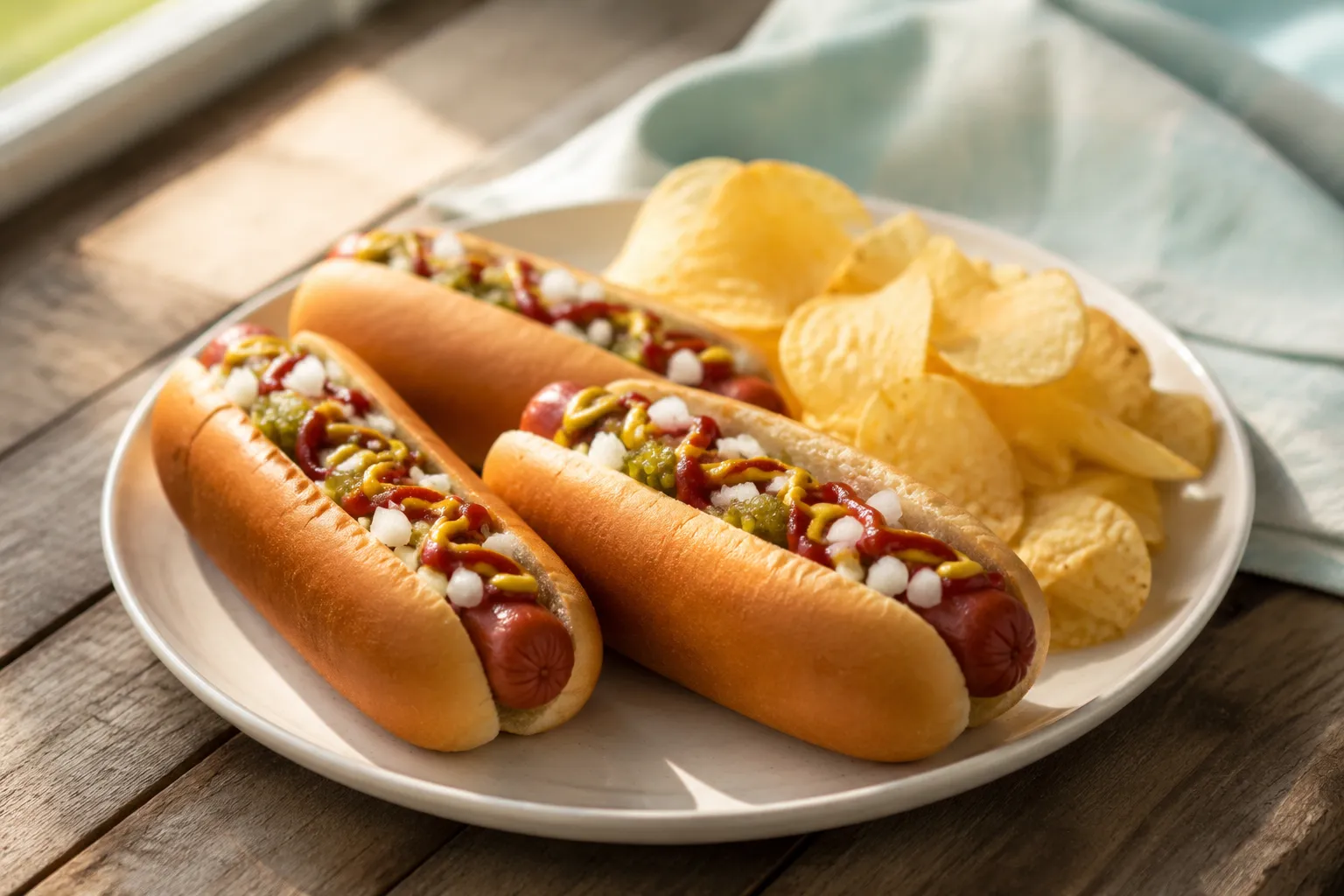 Plated air fryer hot dogs with classic toppings and a side of chips