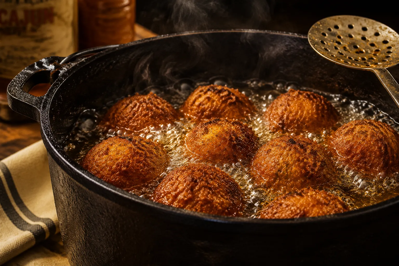Boudin balls deep frying to golden brown in a cast iron Dutch oven