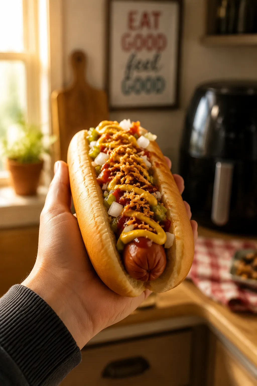 Hand holding a loaded air fryer hot dog ready to eat