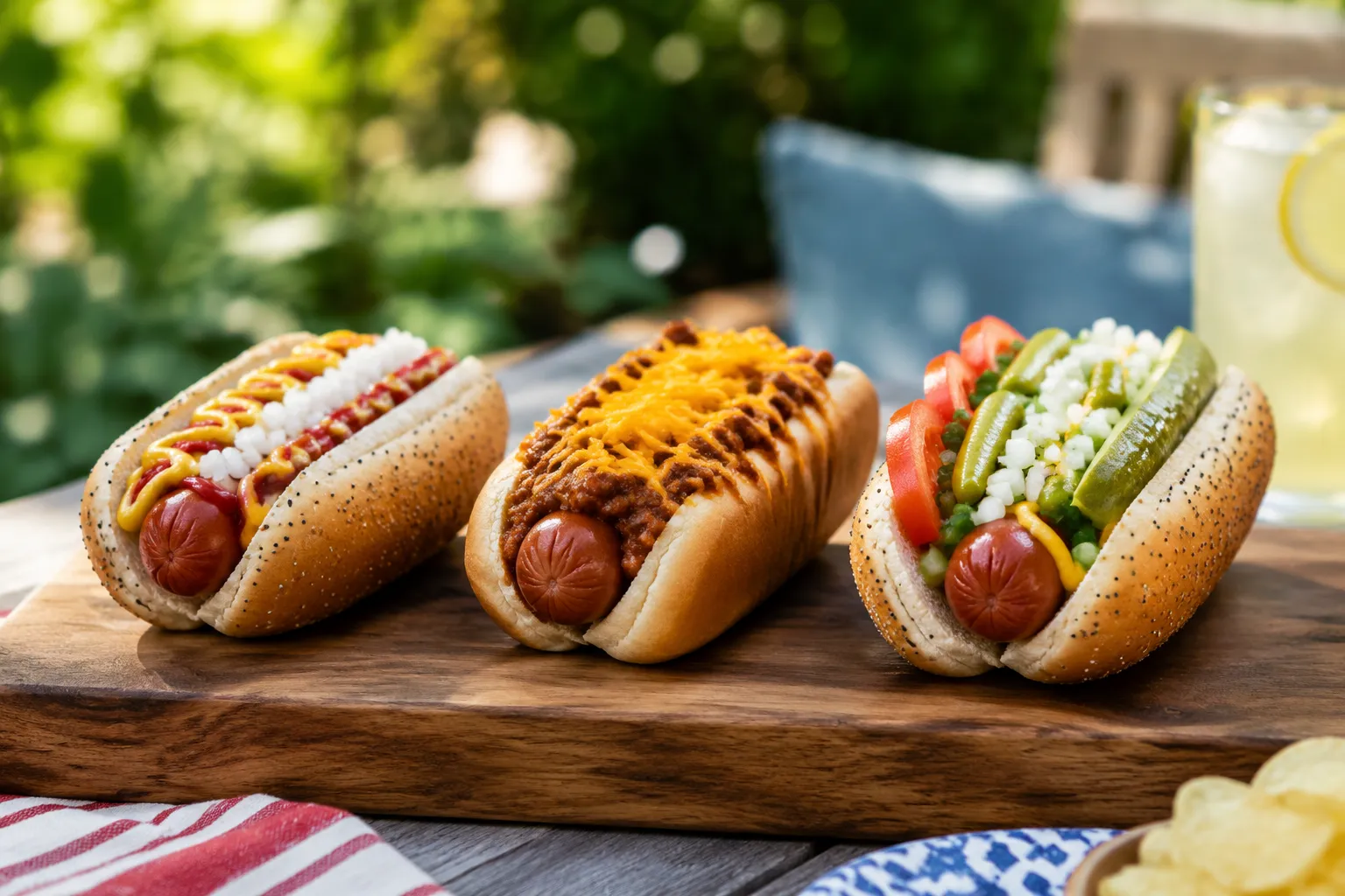 Three air fryer hot dog topping variations on a wooden serving board
