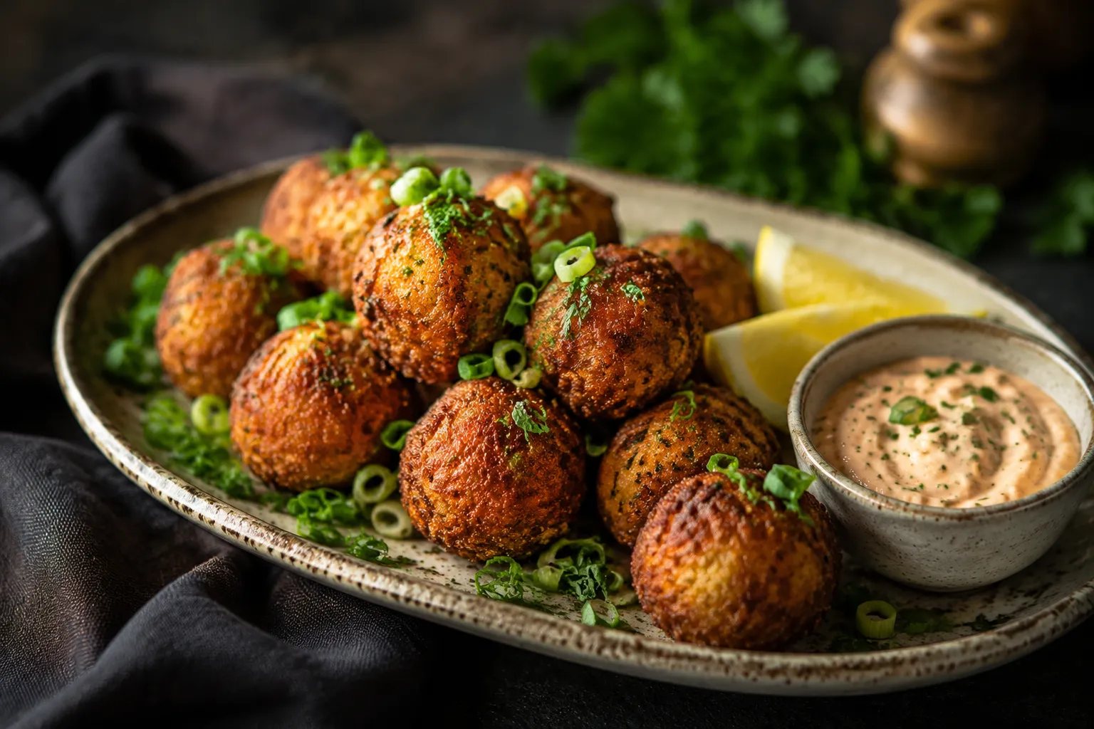Plated Cajun boudin balls garnished with green onions and remoulade