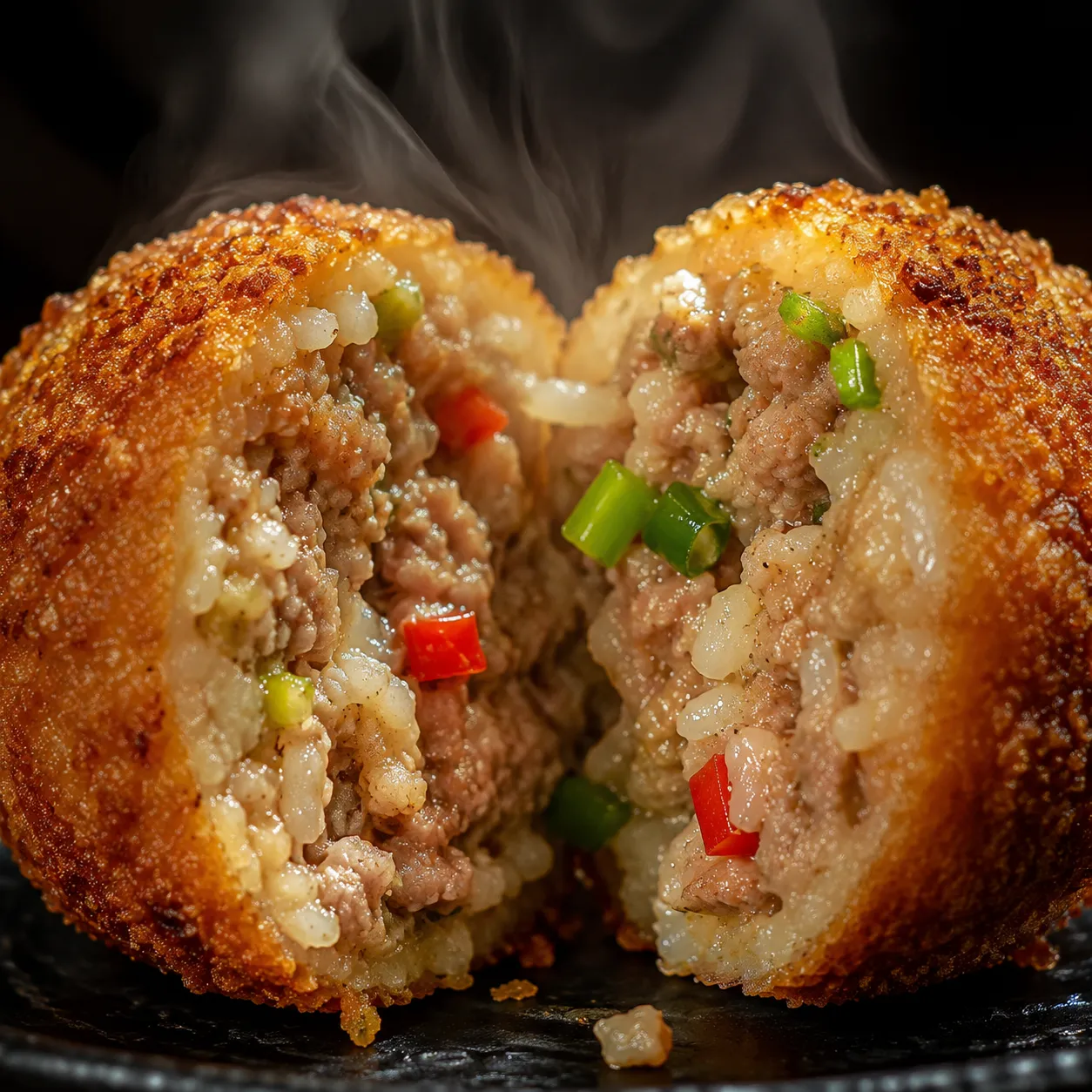 Inside view of a crispy boudin ball with Cajun pork and rice filling