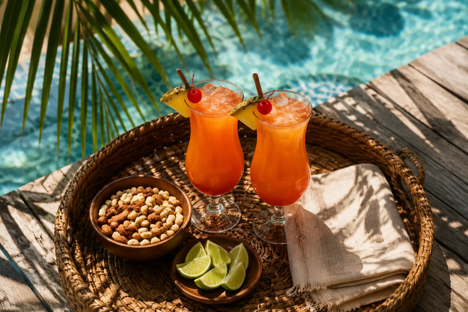 Two Bahama Mama cocktails served on a tray for a summer party