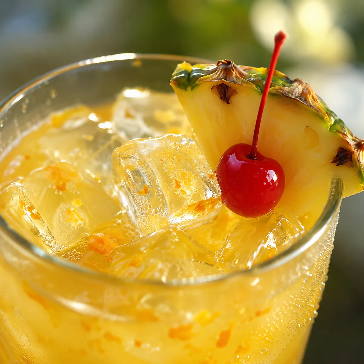 Close up of a Bahama Mama with cherry, pineapple, and ice