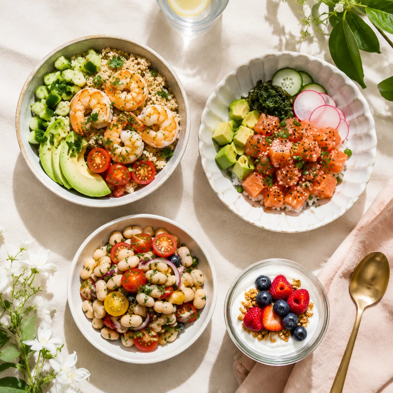 Pescatarian meal plan ideas with shrimp, salmon, beans, and yogurt