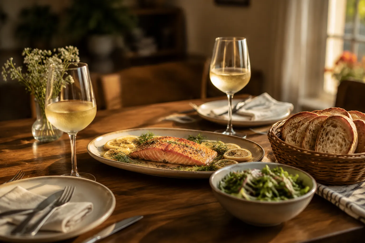 Pescatarian dinner for two with salmon, salad, and white wine