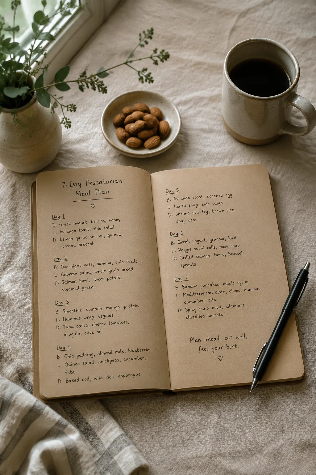 Weekly pescatarian meal plan written in a notebook with coffee