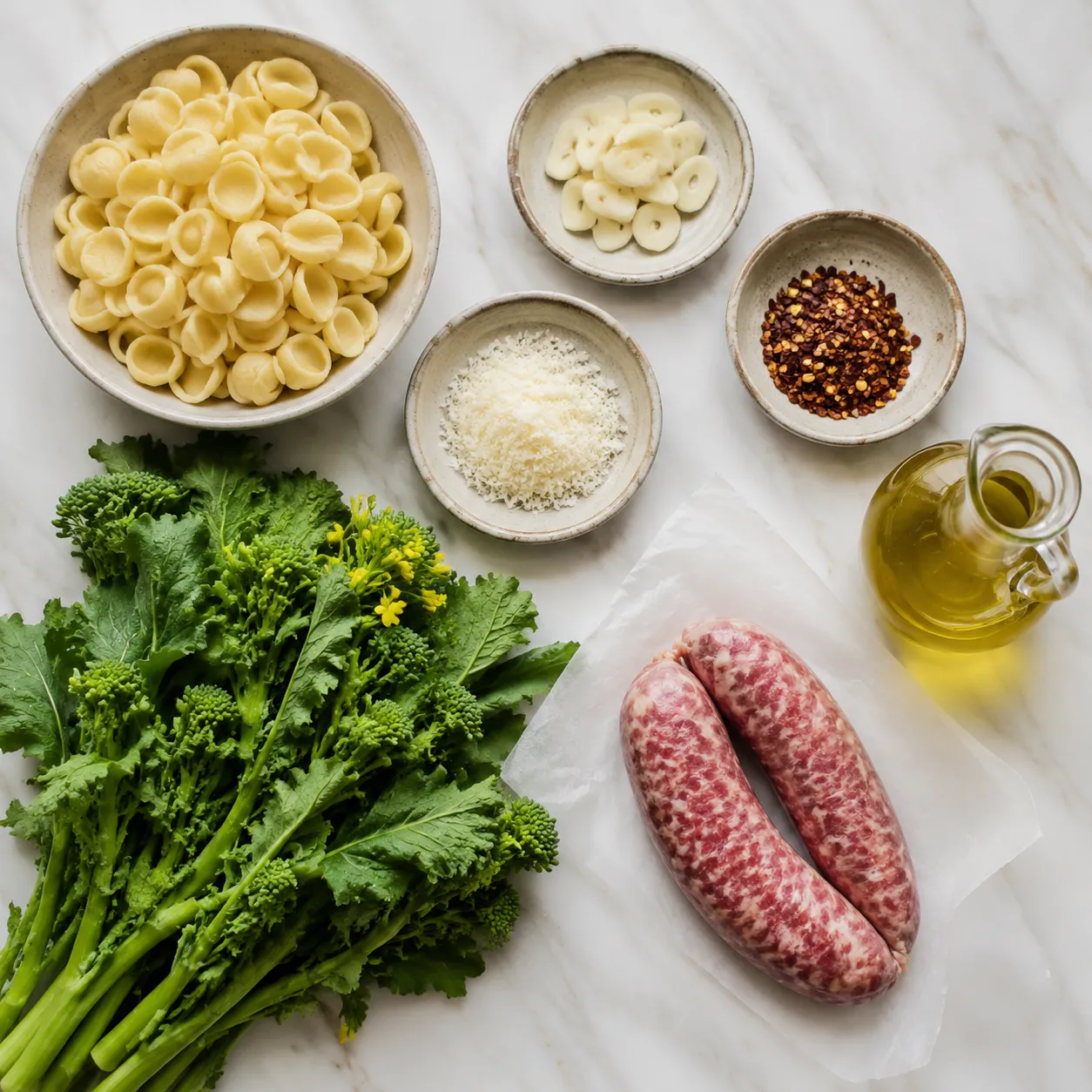 Orecchiette pasta ingredients flatlay with sausage, broccoli rabe, and garlic