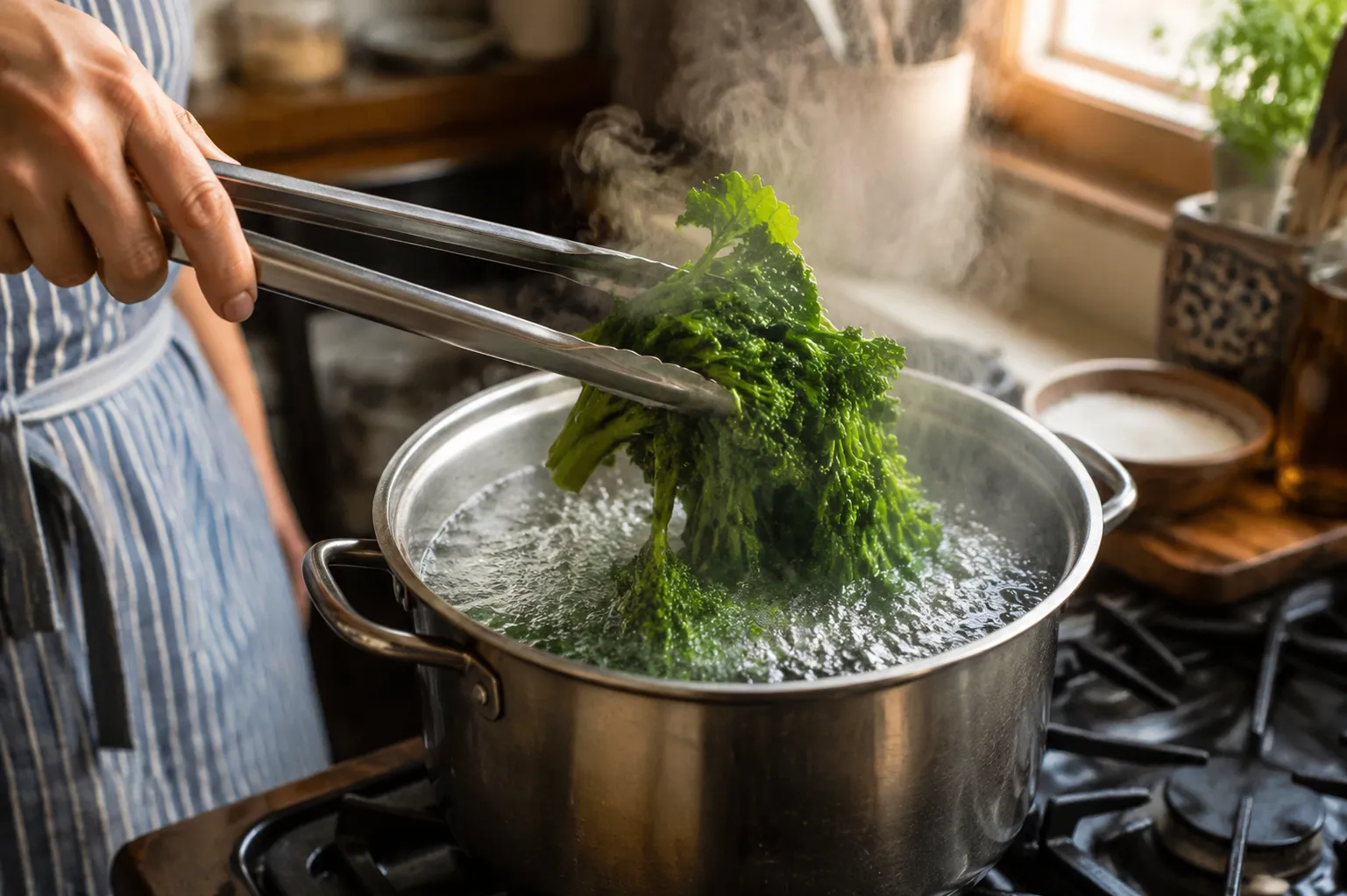 Blanching broccoli rabe for orecchiette pasta recipe