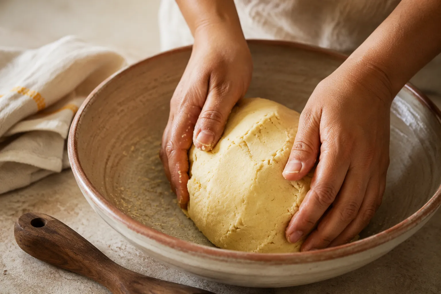 Hands kneading masa harina dough for homemade pupusas