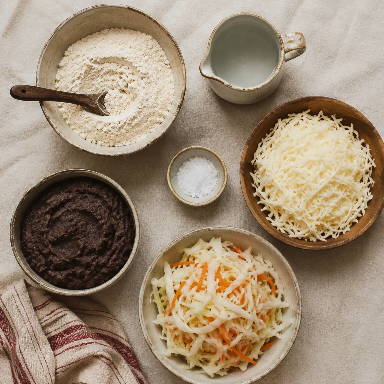 Pupusa ingredients flatlay with masa harina, cheese, refried beans, and cabbage