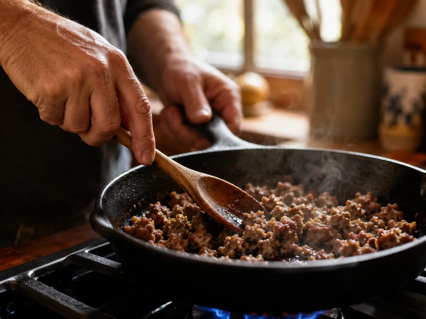 Browning breakfast sausage in a cast iron skillet for breakfast casserole