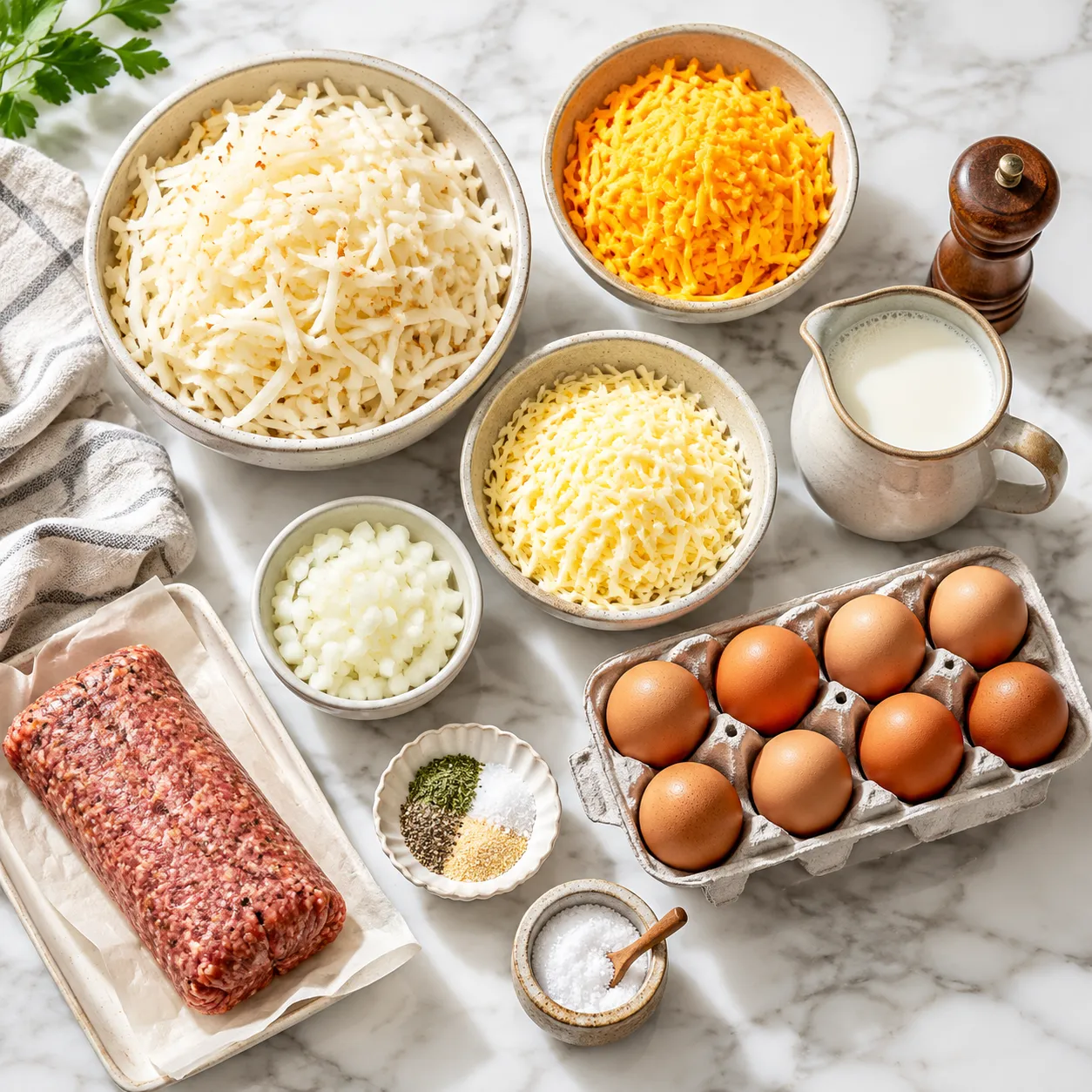 Breakfast casserole ingredients flatlay with sausage, hash browns, eggs, and shredded cheese