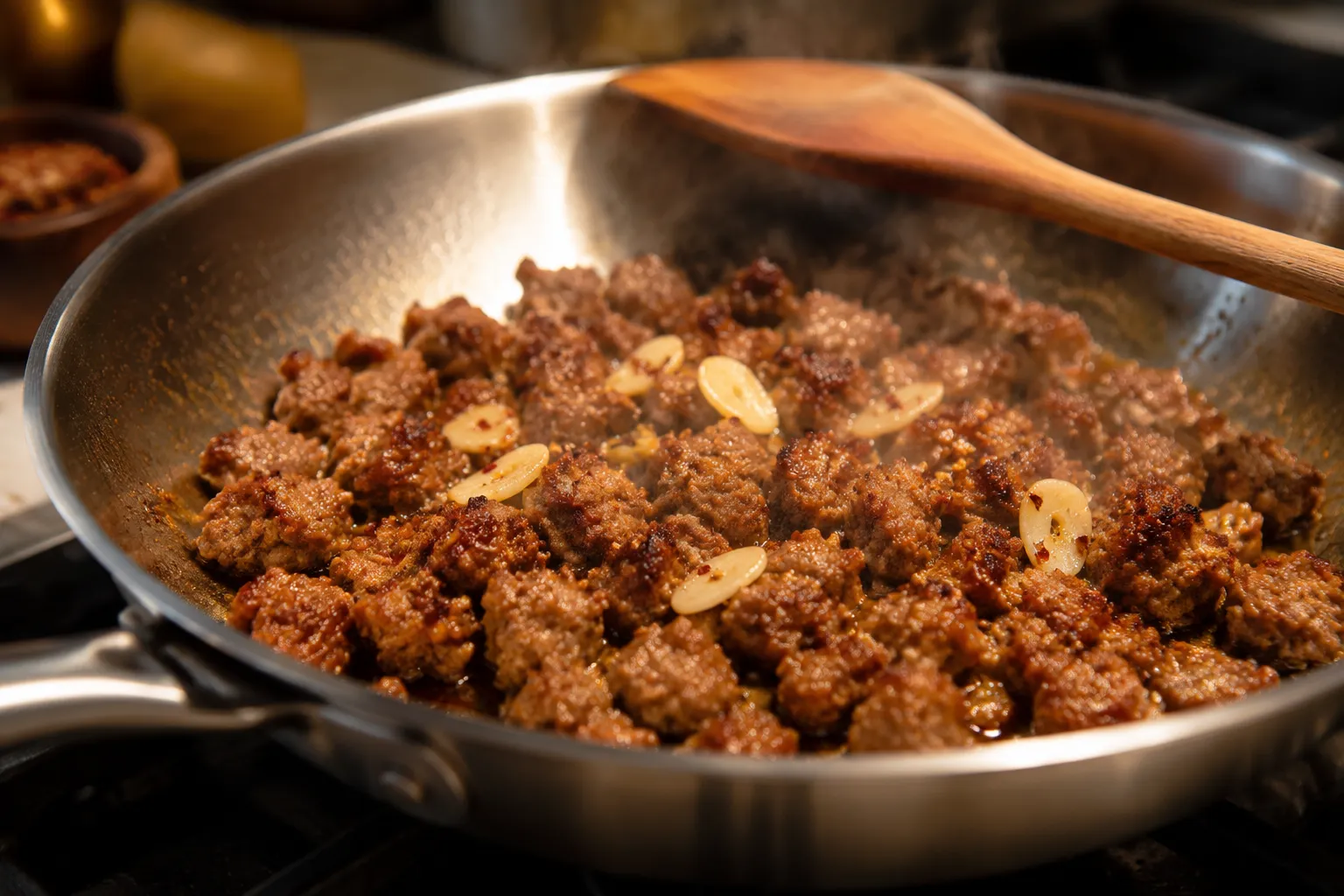 Browning Italian sausage with garlic for orecchiette pasta sauce