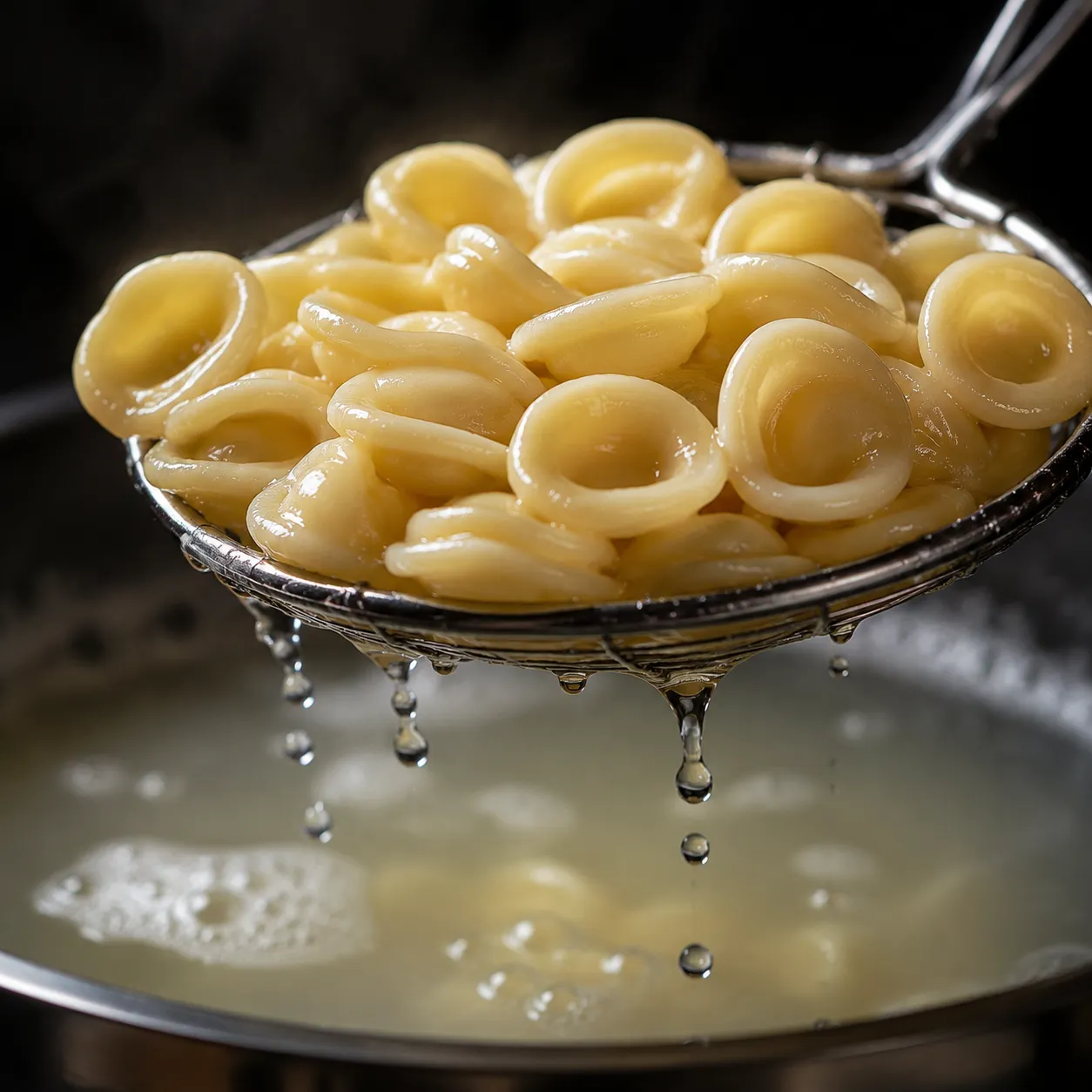 Cooked orecchiette pasta lifted from boiling water with a spider strainer