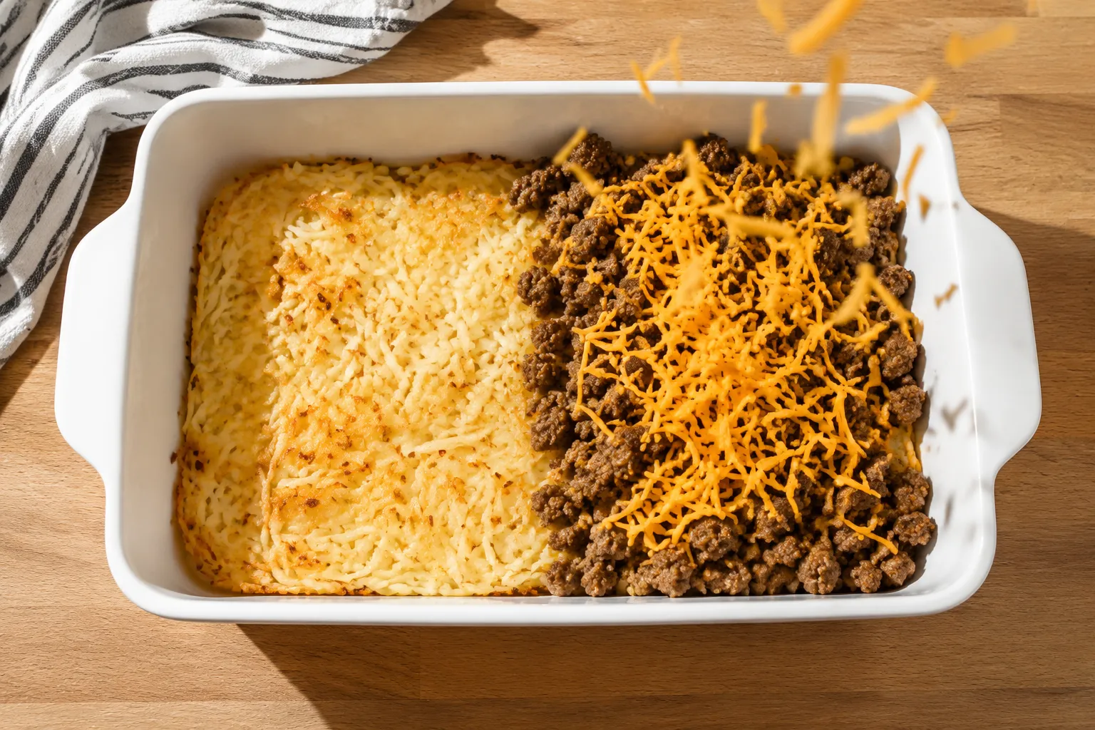 Layering hash browns, sausage, and cheese in a baking dish for breakfast casserole