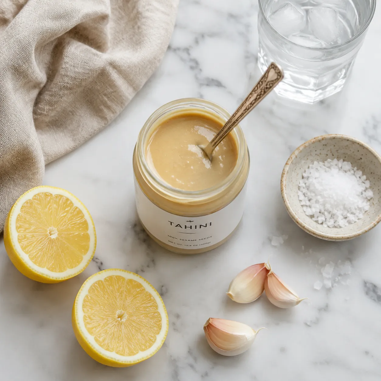 Tahini sauce ingredients flatlay with lemon, garlic, salt, and sesame paste