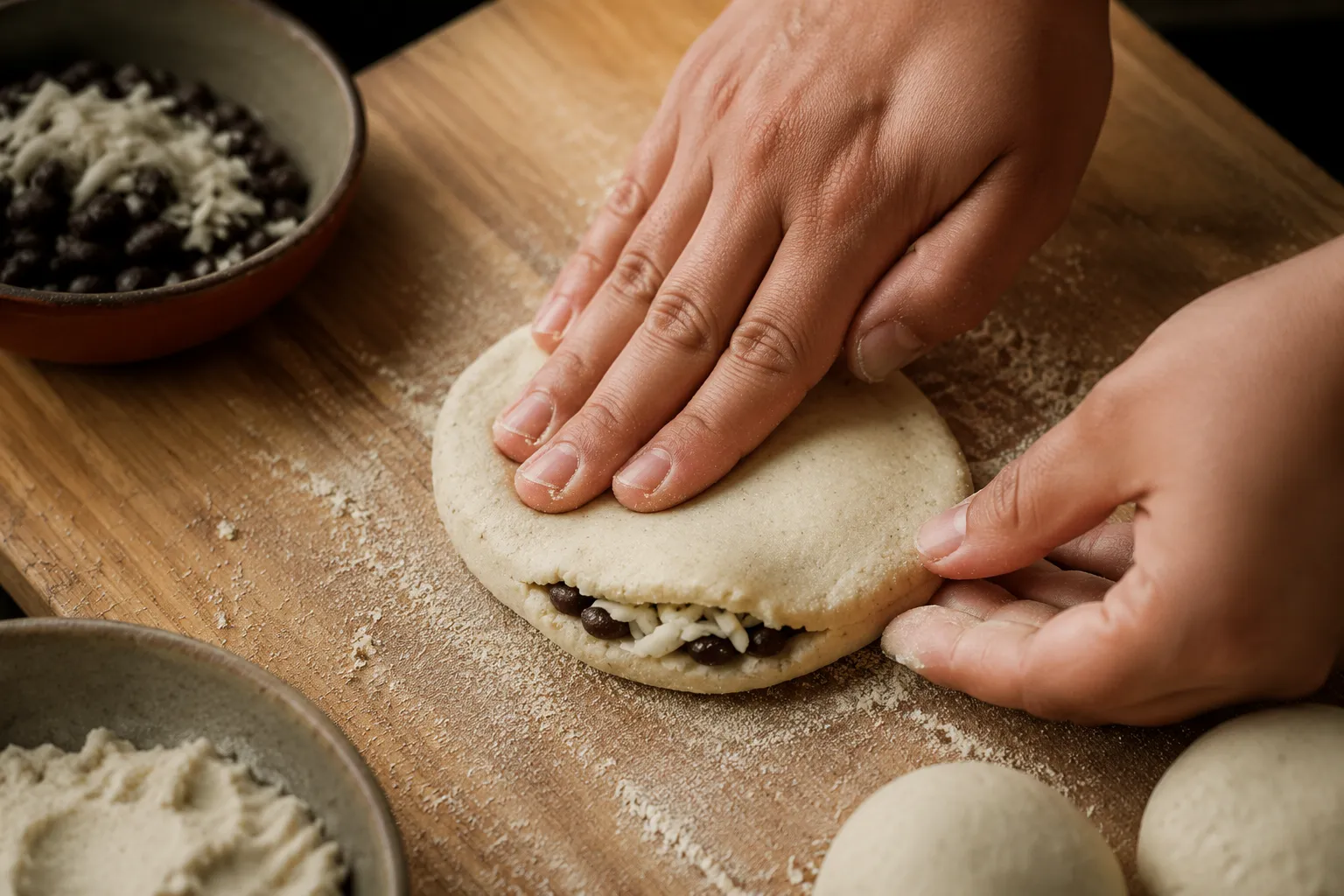 Shaping and stuffing a pupusa by hand with cheese and bean filling