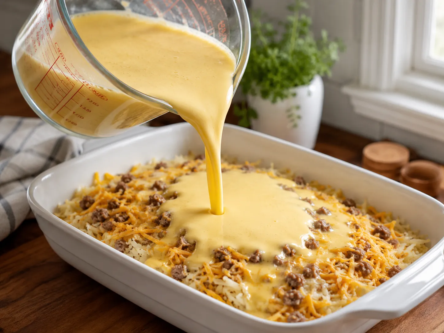 Pouring egg mixture over layered hash brown and sausage breakfast casserole